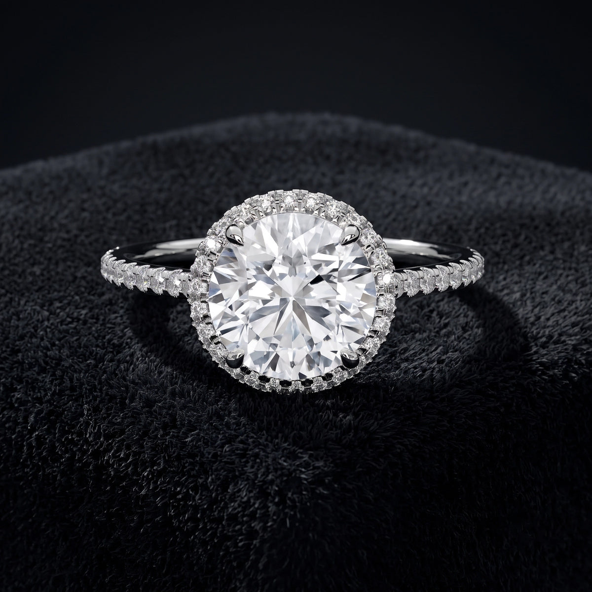Round Cut Halo Solitaire Diamond Ring with Pavé Accents